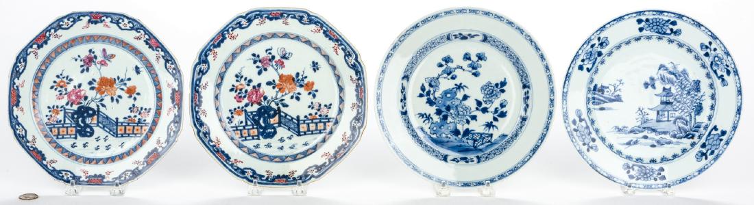 4 Chinese Export Porcelain Plates: Four (4) 18th century Chinese Export Porcelain Plates. 1st & 2nd items: Two (2) Chinese export blue and white porcelain plates, one with floral and landscape decoration and the other with landscape