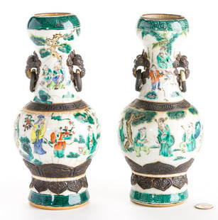 Pr. Chinese Famille Verte Crackleware Vases: Pair of Chinese Famille Verte crackleware vases, garlic-mouth form with applied and carved movable foo dog ring handles, central band and lower band of decoration along with painted figural landscape