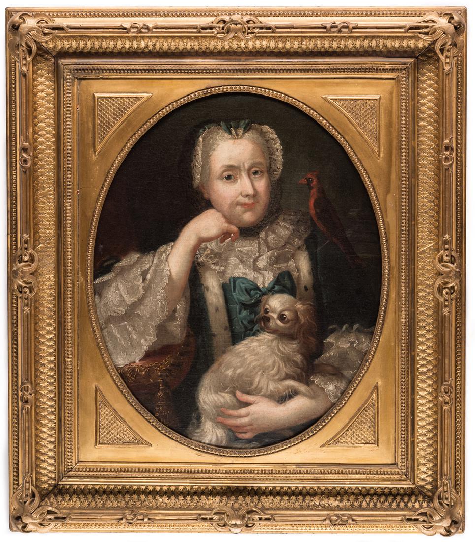 18th c. Portrait, Lady w/ Spaniel & Bird (1 of 11)