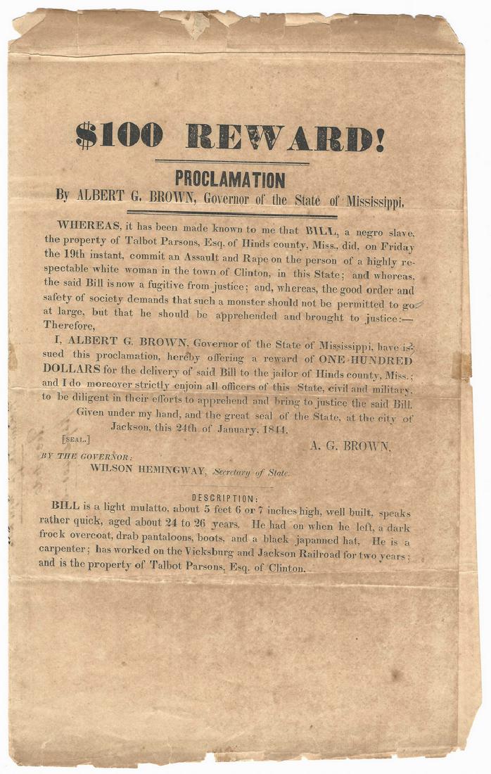 Mississippi Runaway Slave Broadside, dated 1844 (1 of 3)