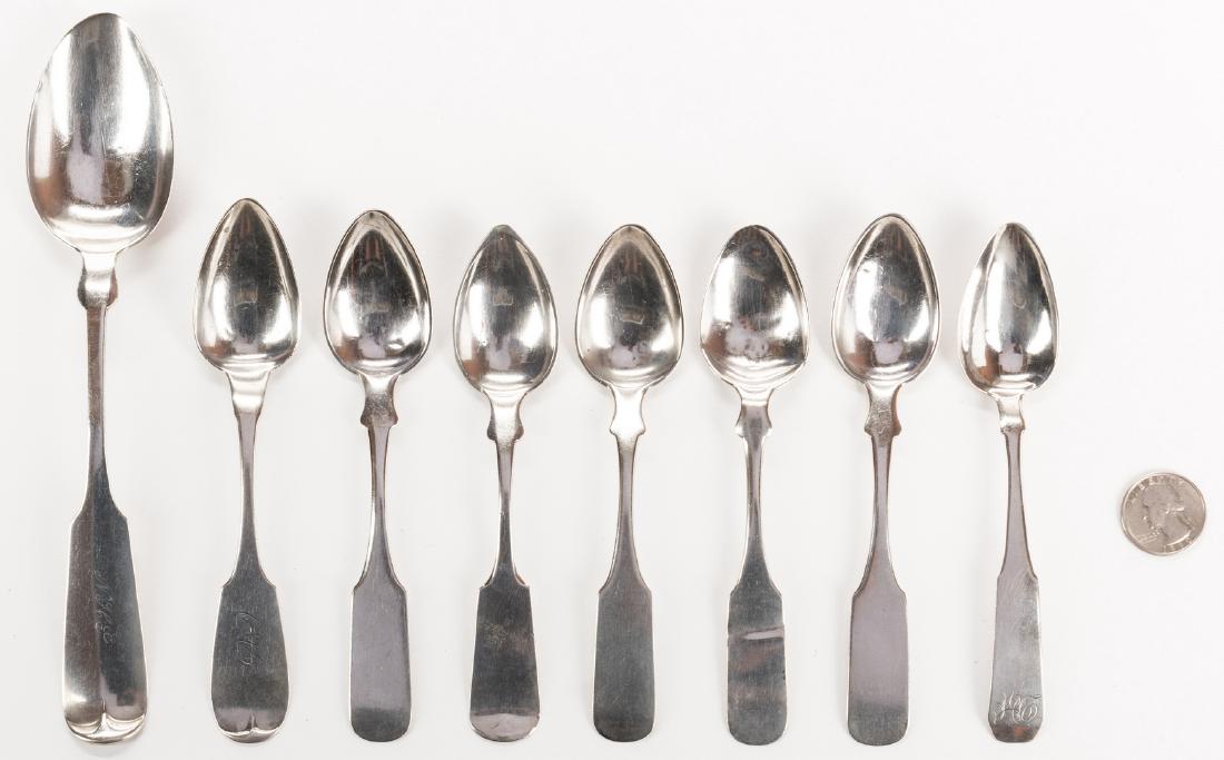 8 pcs Middle Tennessee Coin Silver: Eight (8) pcs Middle Tennessee Coin Silver flatware. 1st item: Sterling silver dessert spoon with fiddle tipt handle, incuse retailer mark JNO W. RUTH & SONS (John Wesley Ruth, 1839-1901, and sons Alb