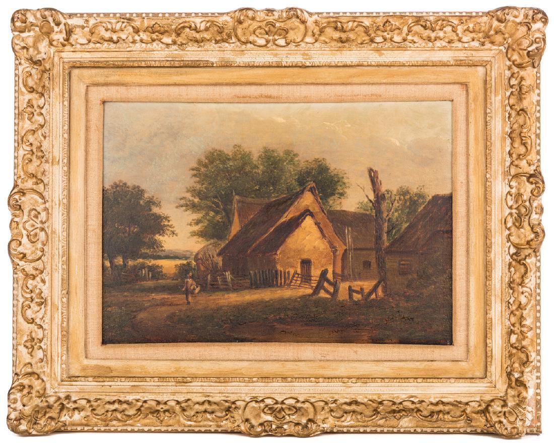 European Oil on Board Cottage Scene: European oil on board landscape painting, possibly Jean Vincent (France, b. 1900), depicting a cottage farmstead with solitary figure walking in the foreground. Signed lower right in red, J Vincent. H