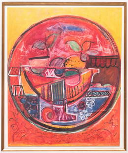 David Driskell, Woodcut/Silkscreen, Fruit Bowl: David Driskell (Maryland/District of Columbia, b. 1931) woodcut and silkscreen print on board depicting an abstract bowl of fruit. Signed and dated "Driskell 68", lower center of fruit bowl. Float mou