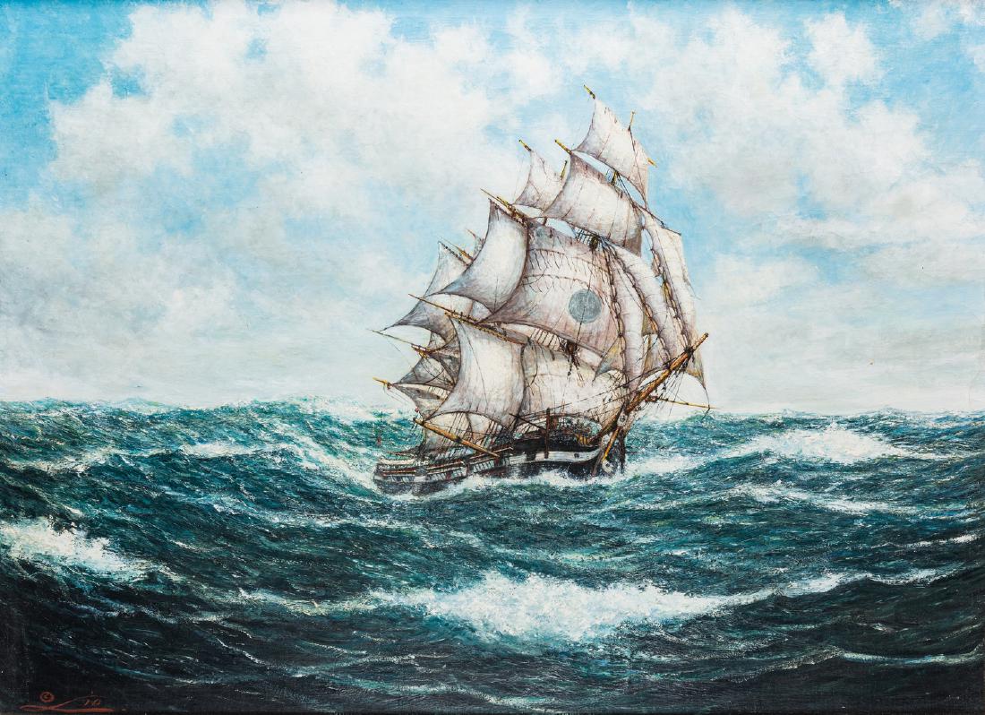 Robert Edmund Lee, O/C, Montezuma: Robert Edmund Lee (New York/California/Norway, 1899-1980) maritime oil on canvas painting depicting the sailing ship Montezuma, depicted at full mast navigating choppy ocean waters. Signed lower left