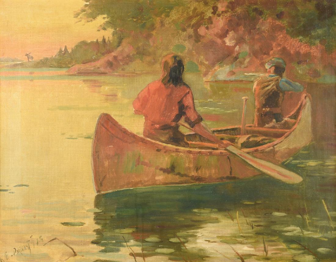 Canoe Hunting Scene O/C, "Porthast": Oil on canvas painting, possibly illustration art, depicting two men in a canoe on the water, the man on the right aiming a rifle at a stag or moose in the background. Signed and illegibly dated "h. E