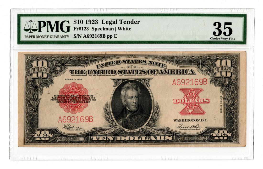 1923 U.S. $10 "Poker Chip" Legal Tender Note: 1923 US $10 "Poker Chip" legal tender note, depicting the portrait of President Andrew Jackson, engraved by Alfred Sealey (New York, 1815-1868) after a painting by Thomas Sully (Pennsylvania/England,