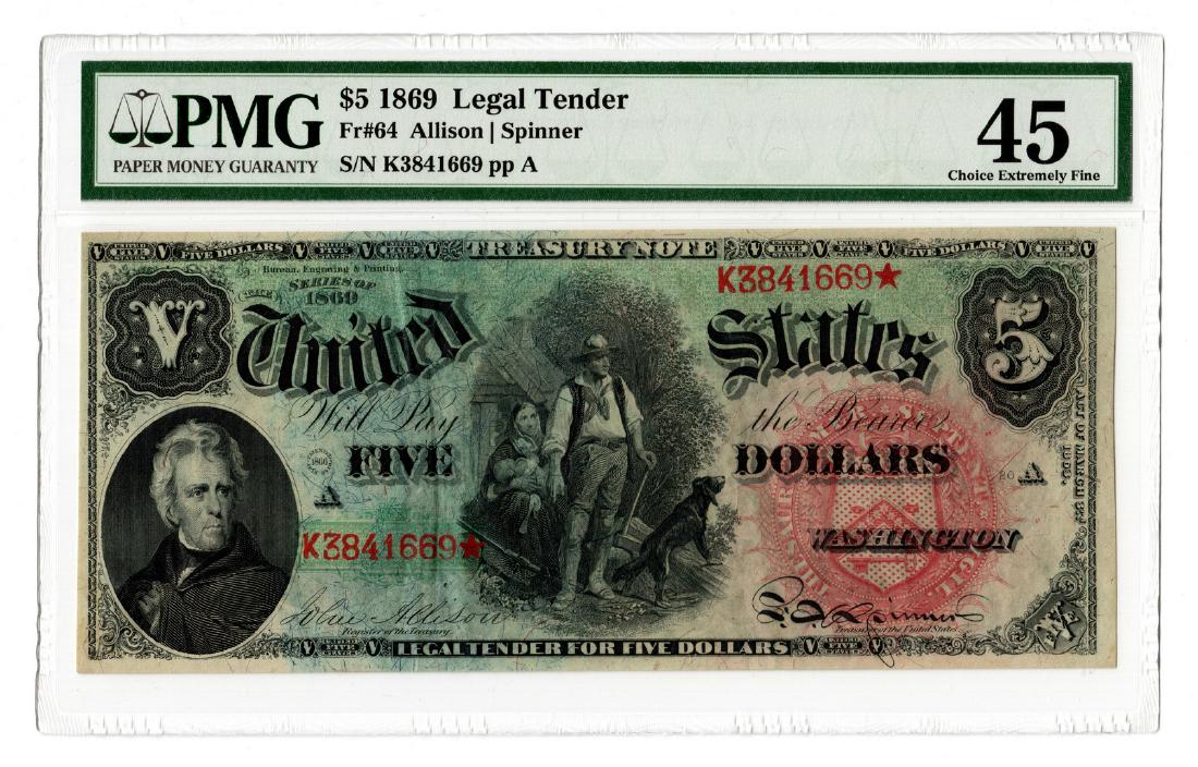 1869 U.S. $5 "Rainbow Woodchopper" Legal Tender Note: 1869 US $5 "Rainbow Woodchopper" legal tender note, depicting the portrait of President Andrew Jackson, engraved by Alfred Sealey (New York, 1815-1868) after a painting by Thomas Sully (Pennsylvania/E