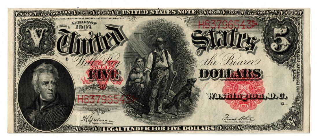 1907 U.S. $5 "Woodchopper" Legal Tender Note: 1907 US $5 "Woodchopper" legal tender note, depicting the portrait of President Andrew Jackson, engraved by Alfred Sealey (New York, 1815-1868) after a painting by Thomas Sully (Pennsylvania/England,
