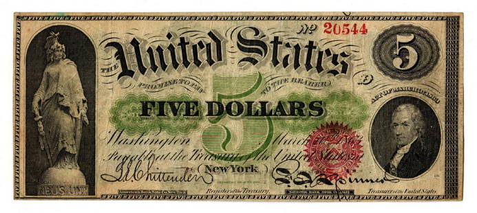 1863 U.S. $5 Red Seal Legal Tender Note: 1863 US $5 Red Seal Legal Tender note, depicting the portrait of Alexander Hamilton, right, with a vignette of the Statue of Freedom designed by Thomas Crawford (District Of Columbia/New York/Italy, 1