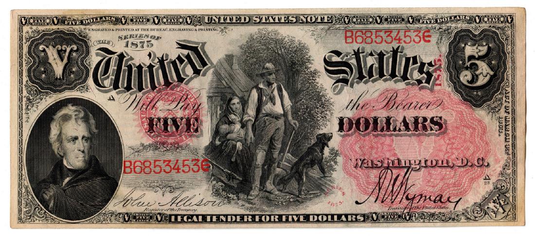 1875 U.S. $5 "Woodchopper" Legal Tender Note: 1875 US $5 "Woodchopper" legal tender note, depicting the portrait of President Andrew Jackson, engraved by Alfred Sealey (New York, 1815-1868) after a painting by Thomas Sully (Pennsylvania/England,