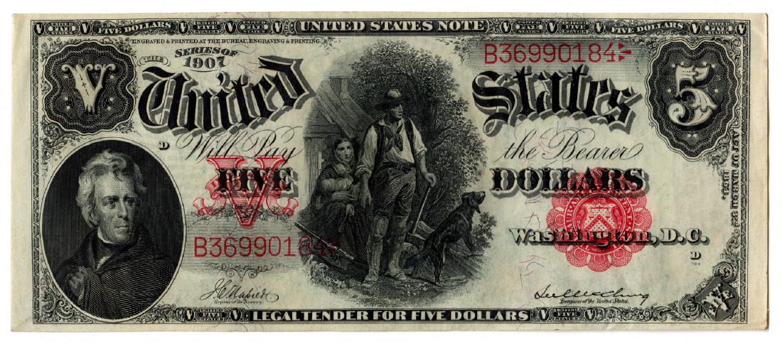 1907 U.S. $5 "Woodchopper" Legal Tender Note: 1907 US $5 "Woodchopper" legal tender note, depicting the portrait of President Andrew Jackson, engraved by Alfred Sealey (New York, 1815-1868) after a painting by Thomas Sully (Pennsylvania/England,