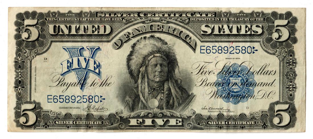 1899 U.S. $5 "Indian Chief" Silver Certificate: 1899 US $5 "Indian Chief" silver certificate, depicting the portrait of Ta-to-ka-in-yan-ka, also known as Running Antelope, Chief of the Oncpapa Sioux. Engraved by George Frederick Cumming Smillie (Di