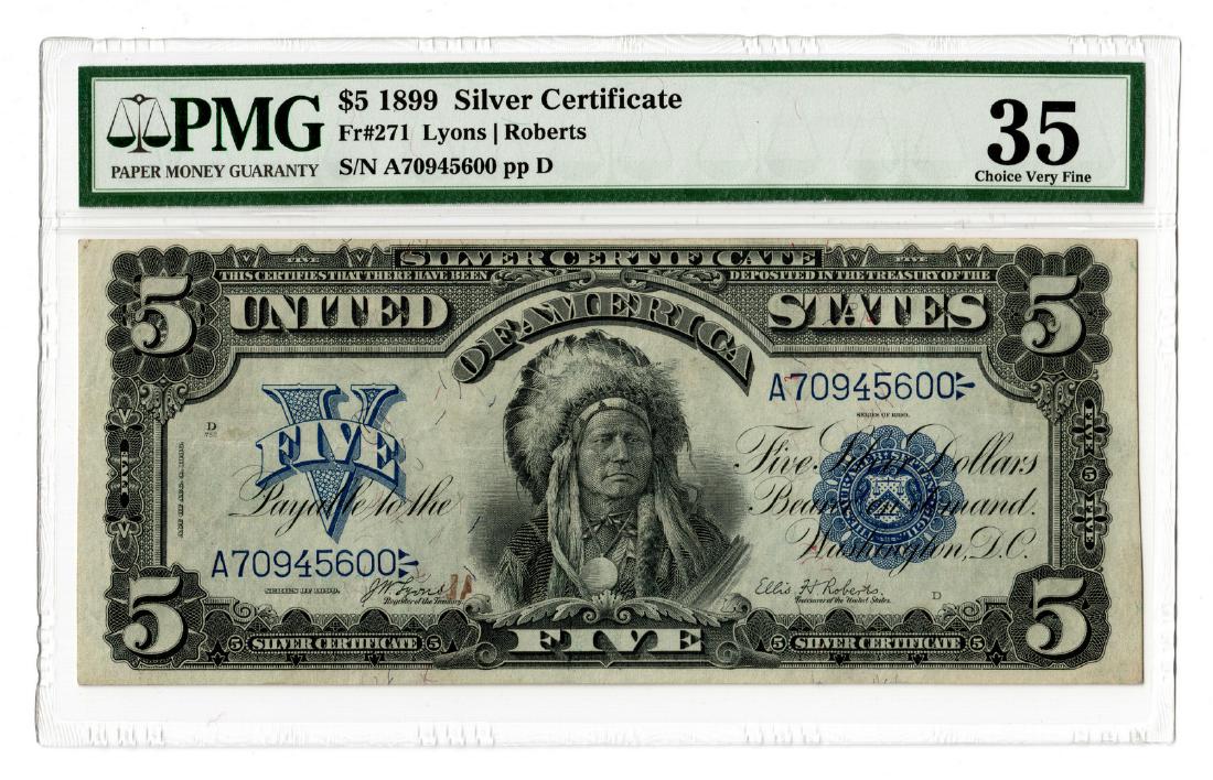1899 U.S. $5 "Indian Chief" Silver Certificate: 1899 US $5 "Indian Chief" silver certificate, depicting the portrait of Ta-to-ka-in-yan-ka, also known as Running Antelope, Chief of the Oncpapa Sioux. Engraved by George Frederick Cumming Smillie (Di