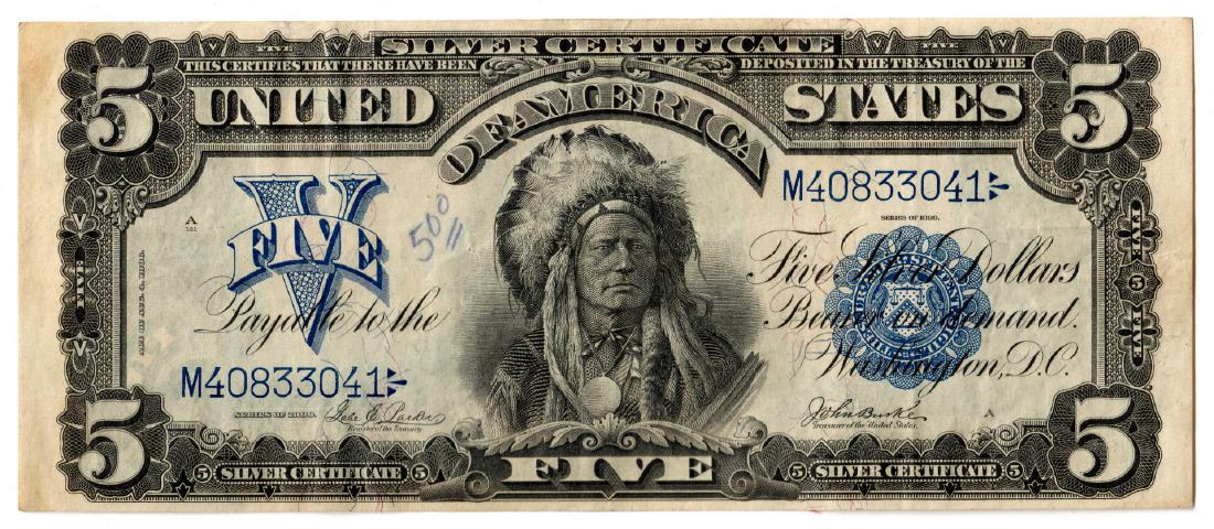 1899 U.S. $5 "Indian Chief" Silver Certificate: 1899 US $5 "Indian Chief" silver certificate, depicting the portrait of Ta-to-ka-in-yan-ka, also known as Running Antelope, Chief of the Oncpapa Sioux. Engraved by George Frederick Cumming Smillie (Di