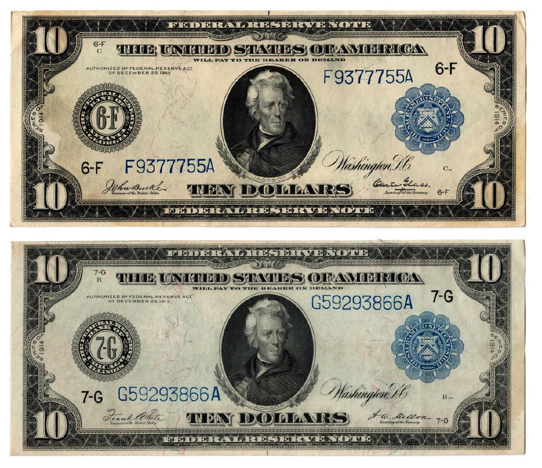 Two 1914 US $10 Blue Seal Federal Reserve Notes: Two (2) 1914 US $10 Blue Seal Federal Reserve notes, depicting the portrait of President Andrew Jackson, engraved by Alfred Sealey (New York, 1815-1868) after a painting by Thomas Sully (Pennsylvania/