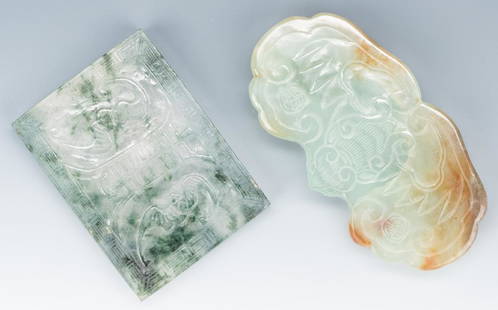 2 Chinese Carved Jade Belt Buckles w/ Bats: Two (2) Chinese carved green jade belt ornaments including one rectangular form with twin bat carving within a fretwork border (1 7/8" H x 2 1/2" W) and one figural form carved into the shape of a