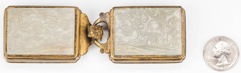 Chinese Carved Jade & Gilt Bronze Belt Ornament: Chinese carved pale celadon jade and gilt bronze belt buckle, comprised of two parts, each rectangular jade plaque with carved bamboo and flowering tree decoration, joined by a gilt bronze chilong