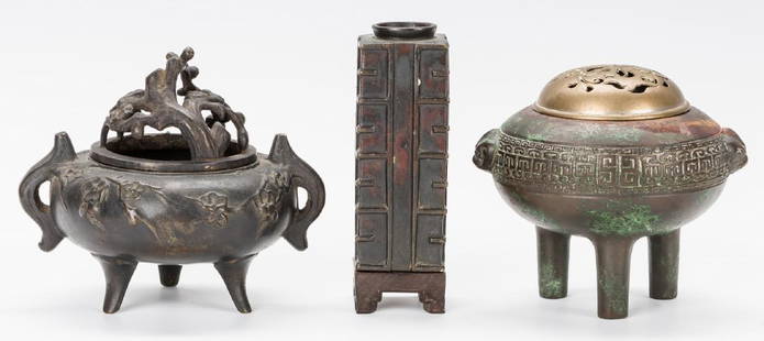 3 Chinese Bronze Items: 2 Censers and 1 Vase: Three (3) Chinese bronze items. 1st item: Chinese bronze censer, archaic form with gilt bronze pierced top, animal mask handles, relief frieze to the body and tall tripod legs. Chinese inscription on