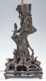 Asian Bronze Tree of Life Figural Lamp: Asian bronze figural vase depicting a large tree with figures of men engaged in various activities amongst the branches along with a foo dog figure, an ox figure, a deer figure and dogwood blossoms