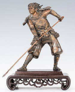 Meiji Bronze Warrior Figure: Manner of Miyao Eisuke, Japanese Meiji patinated bronze figure of a Samurai warrior with fierce expression, wearing armor and holding a spear in a fighting pose. Signed with Japanese characters in a