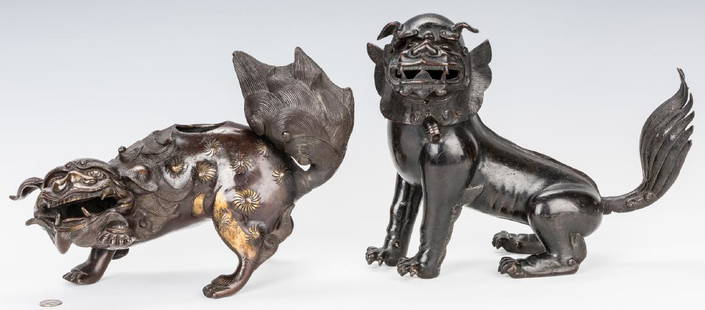 2 Asian Bronze Foo Dogs: Two (2) Asian bronze foo dog figures. 1st item: Chinese or Japanese parcel gilt bronze foo dog or temple dragon with teeth bared in a crouching pose, open spot on back for interior storage (lacking