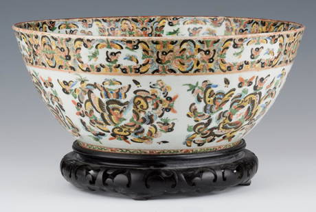 Chinese Export 1000 Butterflies Punch Bowl: Chinese export porcelain punch bowl with gilt and enameled One Thousand Butterflies decoration. Fitted with a pierced hardwood stand. 16" dia. x 7" H. 9" H w/ stand. Late 19th century. (Additional