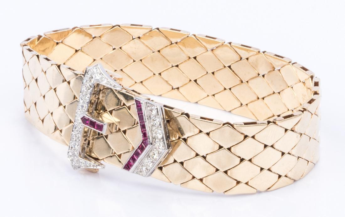 Art Deco Buckle Bracelet, 14K Ruby, Diamonds (1 of 8)