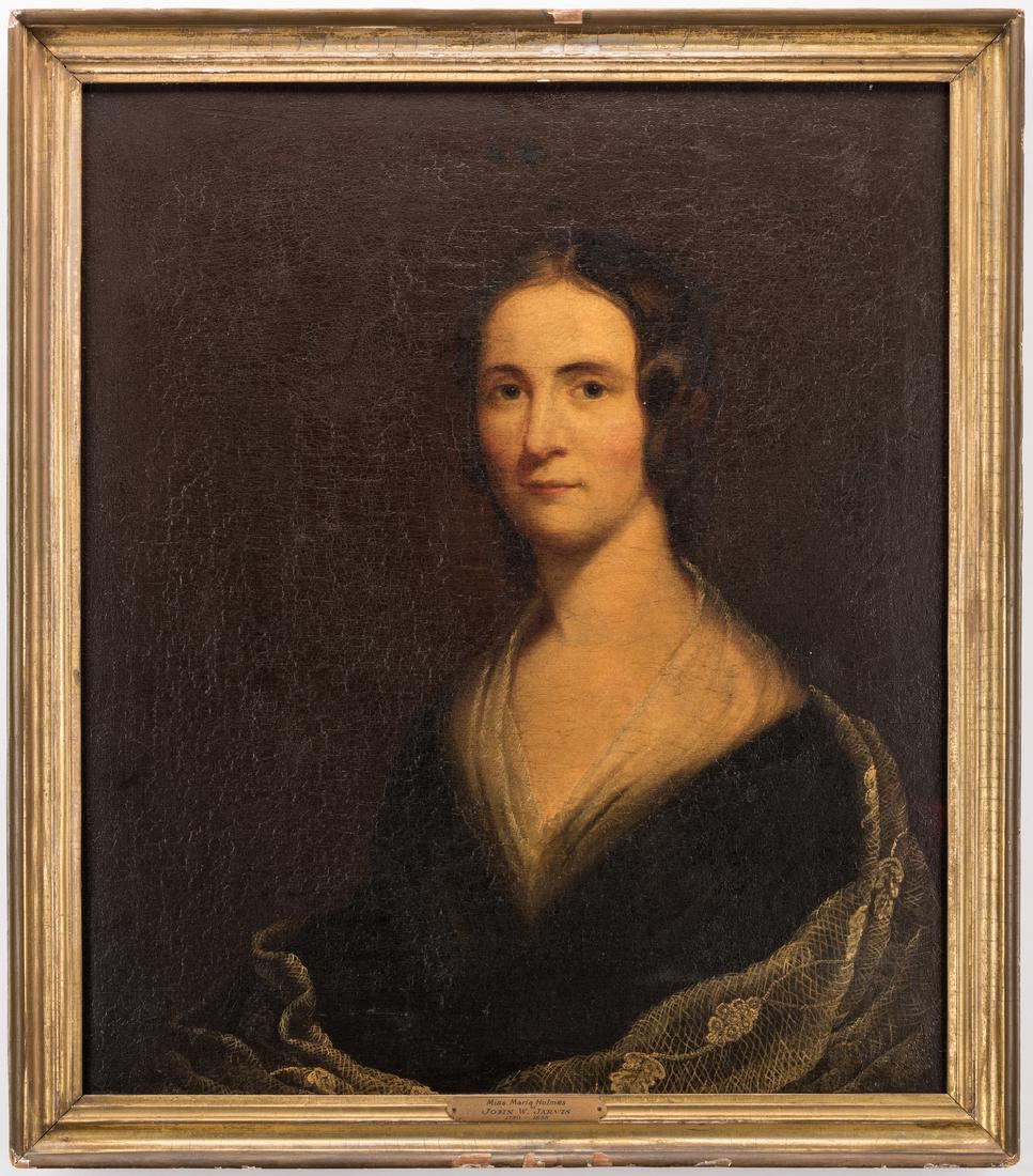 Attr. J. W. Jarvis, Portrait of Maria Holmes: Attr. John Wesley Jarvis (American, 1780-1838), oil on canvas half length portrait of a woman identified en verso as Maria Holmes. The subject is depicted in a black dress with lace shawl, her body an