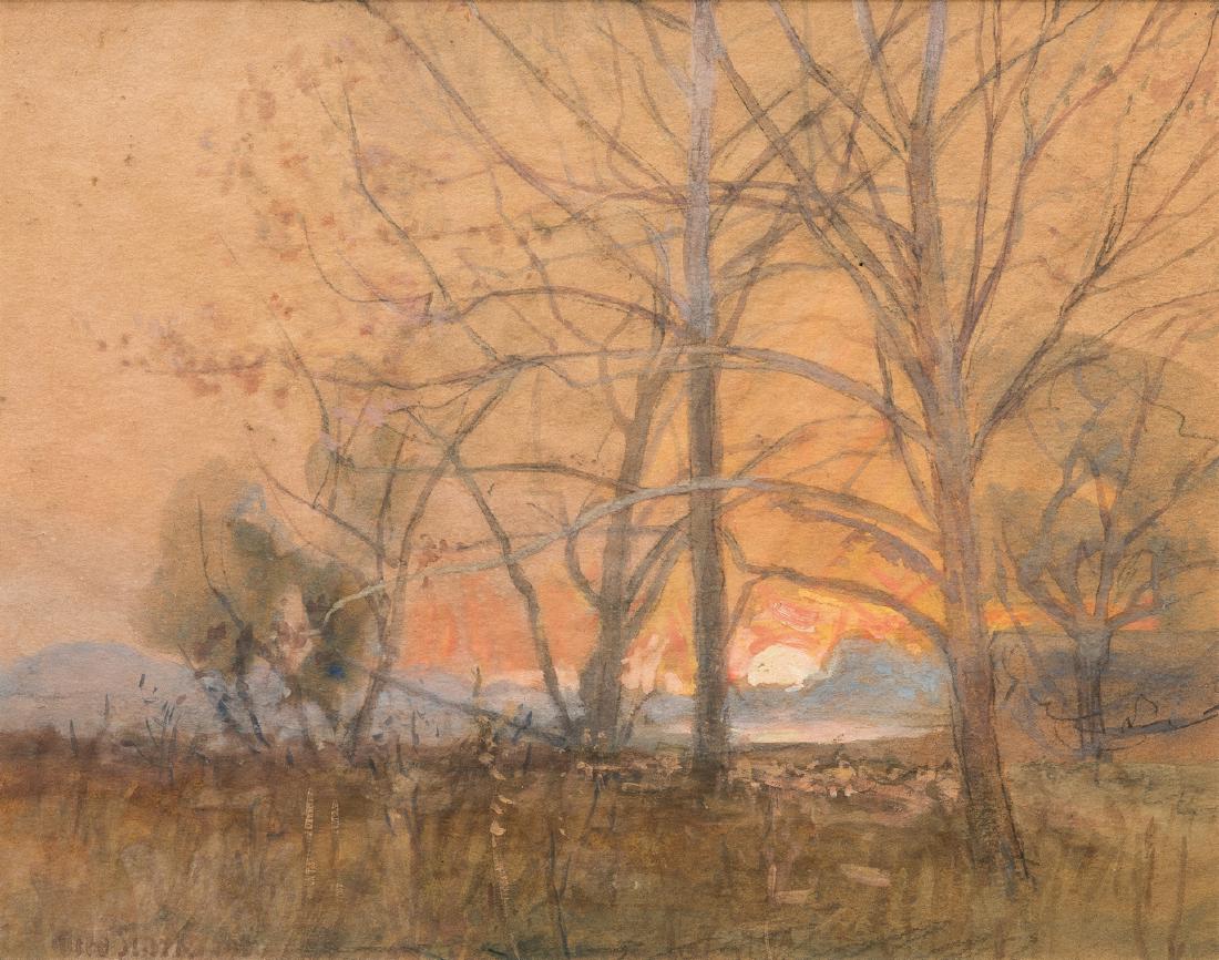Otto Stark Watercolor/Gouache Landscape: Otto Stark (New York/Indiana, 1859-1926) watercolor and gouache on paper untitled late autumn or early winter landscape painting, depicting a group of mostly bare trees on a grassy plain, the sun sett