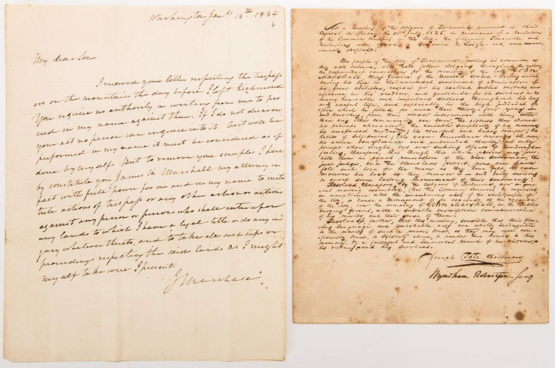 2 John Marshall Related Letters, inc. 1 signed: Two (2) John Marshall related letters. 1st item: Handwritten letter from John Marshall (1755-1835), 4th Chief Justice of the United States. ALS. 1pg. January 13, 1834. Washington. An autograph letter