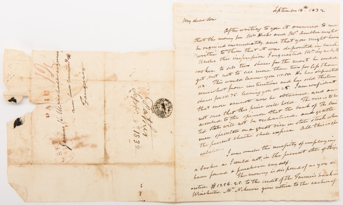 1 John Marshall Signed Letter to Son, dated 1832: Handwritten letter from John Marshall (1755-1835), 4th Chief Justice of the United States. ALS. 2pg. September 18, 1832. No place. A lengthy autograph letter signed "J Marshall" to his son James K. Ma