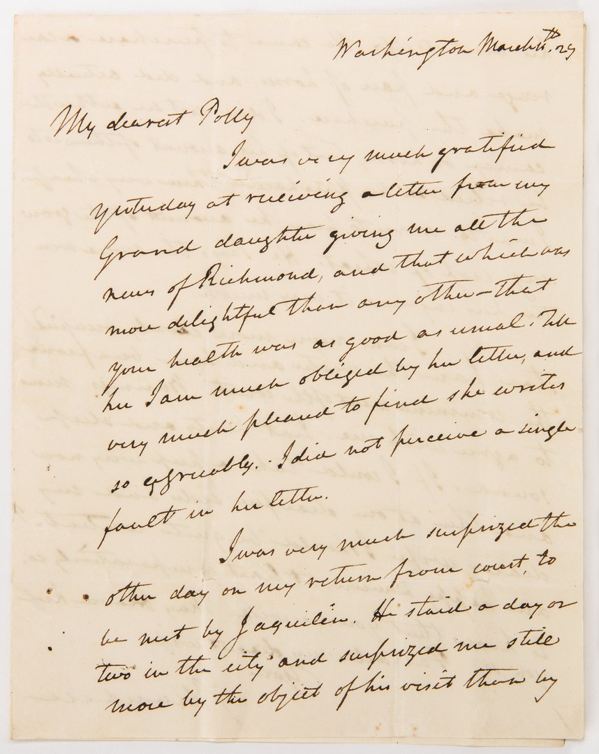 1 John Marshall Signed Letter to Wife, dated 1829: Handwritten letter from John Marshall (1755-1835), 4th Chief Justice of the United States. ALS. 2pg. Marsh 11, 1829. Washington. An autograph letter signed "J Marshall" as Chief Justice to his wife Po