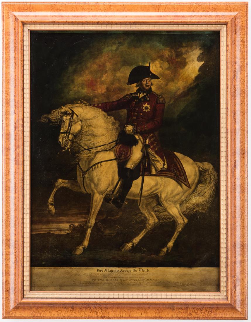 Reverse Glass Mezzotint, King George III and Adonis: Rare reverse glass mezzotint, titled King George III (1738-1820, Reigned 1760-1820) on his Favourite Charger Adonis, after the painting by James Ward. Housed in a curly maple frame with gilded ribbon