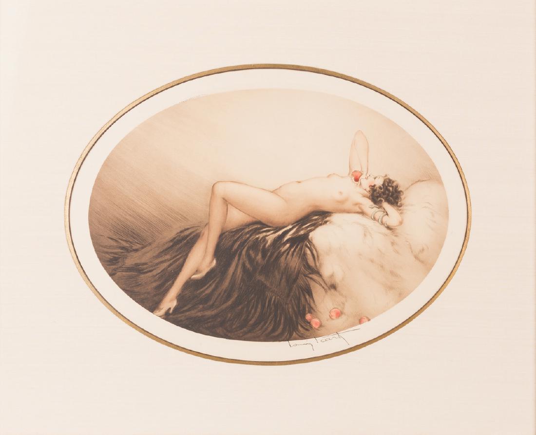 Louis Icart signed etching, "Eve": Louis Icart (French, 1888-1950) etching with aquatint titled "Eve" depicting a nude woman lounging with an apple in her right hand, and a serpent armband on her left arm. Copyright 1928 L. Icart Paris