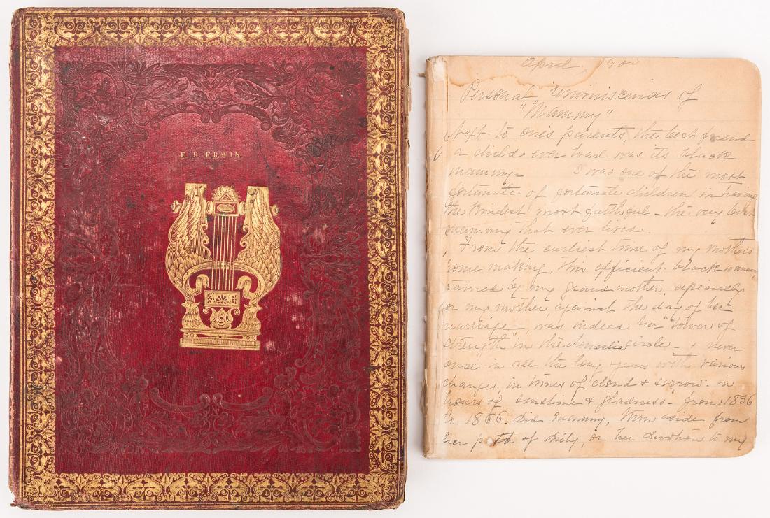 Craige Family, N.C, Watercolor Illustration Album &: Craige family, North Carolina, related leatherbound album and notebook, 2 items total (note: see related lot, #508). 1st item: Album, approx. 100 pages, with gilt tooled decoration and name E.P. Erwin