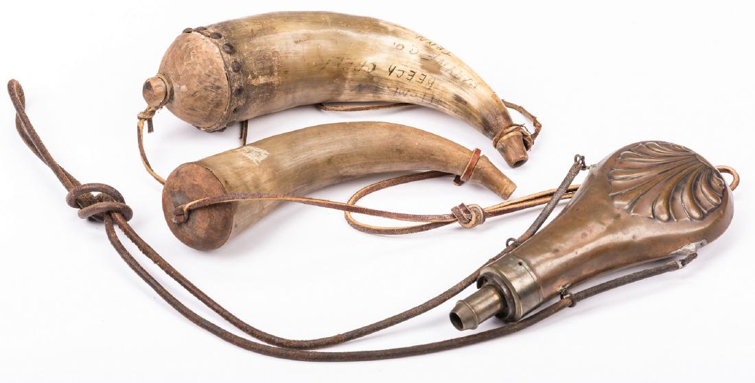 2 Powder Horns, inc. 1 Signed, & 1 Powder Flask, 3 (1 of 10)