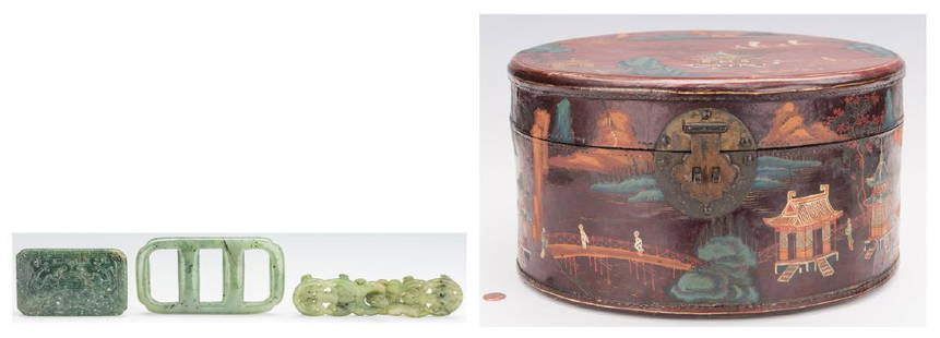 3 Chinese Spinach Jade Belt Buckles & Chinese Round: 3 Chinese Spinach Jade Belt Buckles & Chinese Round Lacquered Box, 4 items. 1st item: Chinese spinach jade double belt buckle with pierced and carved bat and good luck symbol decoration with chilong
