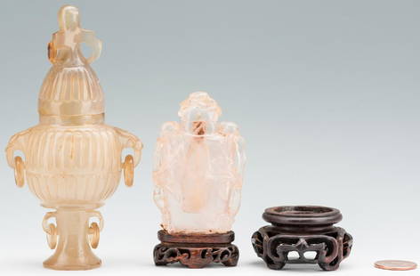 2 Carved Chinese Quartz Items, Urn & Bottle: 1st item: Chinese carved rose quartz miniature covered urn having a melon form body with conforming pierced cover, pedestal base, chilong dragon handles with rings and additional rings on the sides