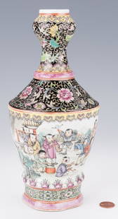 Famille Rose Garlic Head Bottle Vase: Chinese Republic porcelain famille rose garlic mouth bottle vase with tapered shoulder, vase form body and octagonal base. Polychrome scrolling floral decoration to the neck and shoulder, young boys