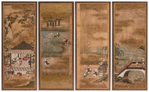 4 Chinese Watercolor on Silk Panels: Four Chinese paintings, watercolor on silk, each depicting male adult and child figures engaged in leisure activities, and framed in matching gilt fret-carved frames. Panel 1 depicts figures dancing