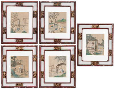 5 Qing Painted Landscapes on silk: Set of five framed Qing Dynasty painted landscapes, watercolor on silk laid on board, depicting Chinese figures engaged in daily activities including harvesting rice, cooking, weaving and worshiping