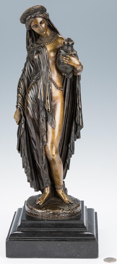 Pradier Bronze Sculpture, Pandora: Jean Jacques Pradier (Swiss, 1792-1850), also known as James Pradier, bronze sculpture, "Pandore" or "Pandora," brown patina with gilt highlights, modeled as the mythological female figure holding a j