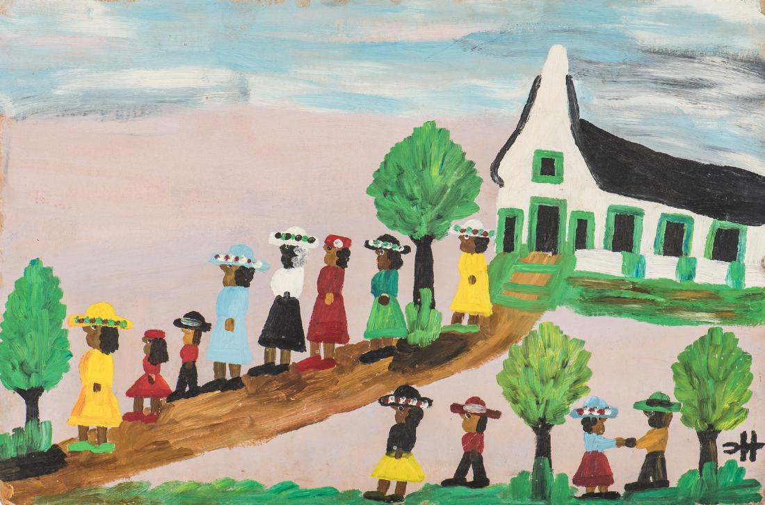 Clementine Hunter Painting: Clementine Hunter (American/Louisiana, 1886-1988), "Sunday Leaving Church," oil on board painting depicting a procession of black figures in hats leaving church, while four other figures walk and hold