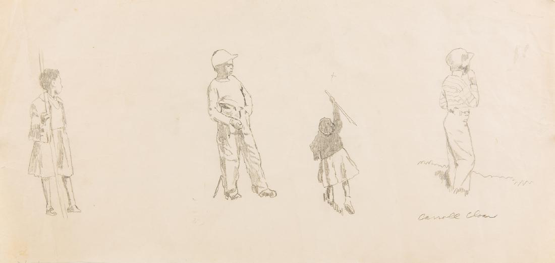 Carroll Cloar Drawing, Children at Play: Carroll Cloar, pencil on paper study drawing of four children (two boys and two girls), each holding a stick or ball. Signed lower right "Carroll Cloar". Pencil inscription en verso of sketch, "Alice