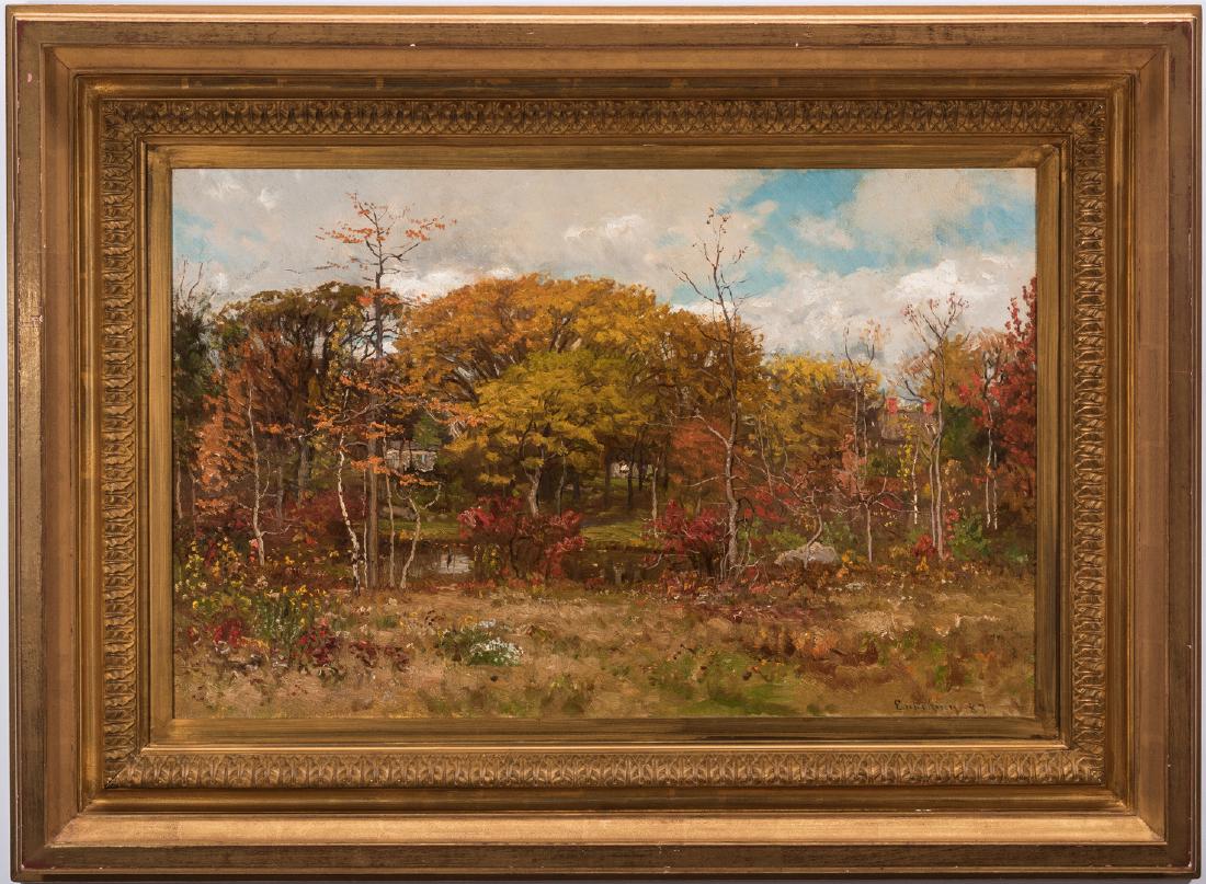 John Joseph Enneking O/C, Landscape with River: John Joseph Enneking (Massachusetts/New York/Maine/Ohio, 1841-1916) oil on canvas impressionistic landscape painting titled "Landscape with River" depicting a copse of trees with autumn foliage along
