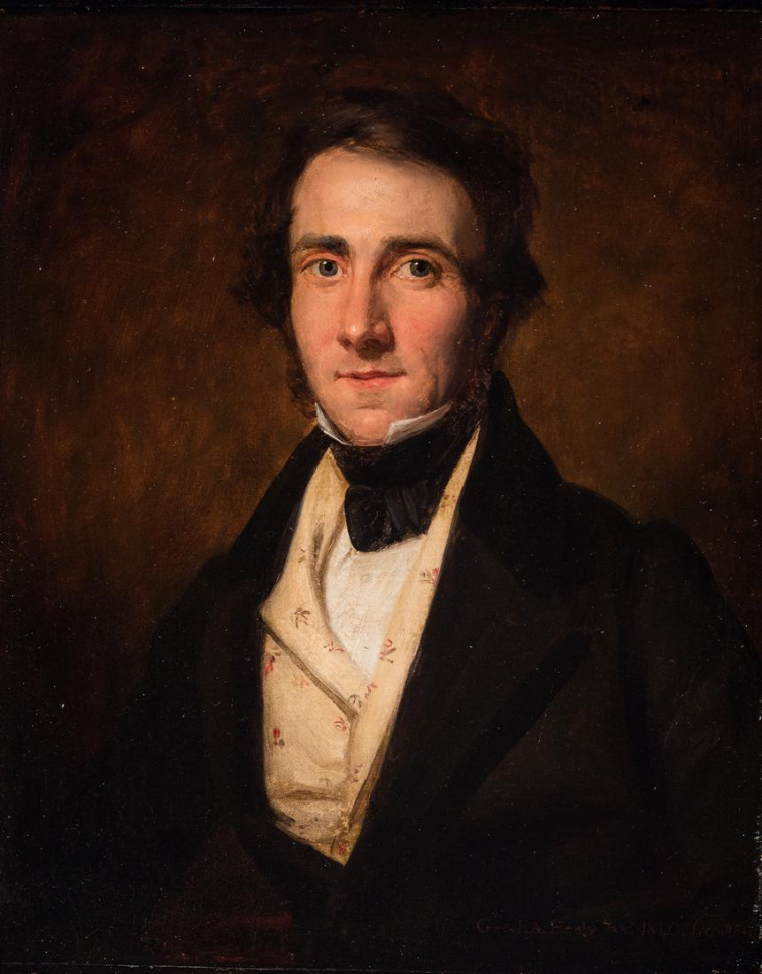 George Healy, O/B, Portrait of a Gentleman: George Peter Alexander Healy (1813-1894) oil on board painting of a young gentleman seated and attired in a patterned silk vest with black coat and neck tie. Signed and dated along the lower edge "Geo