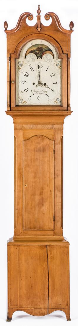 Soloman Parke Federal Inlaid Tall Clock: Solomon Parke (active Philadelphia, 1797-1801) signed Federal tall case clock, cherry with white pine secondary and lighter wood inlay. 8 day brass movement, weight driven time and strike; bell signed