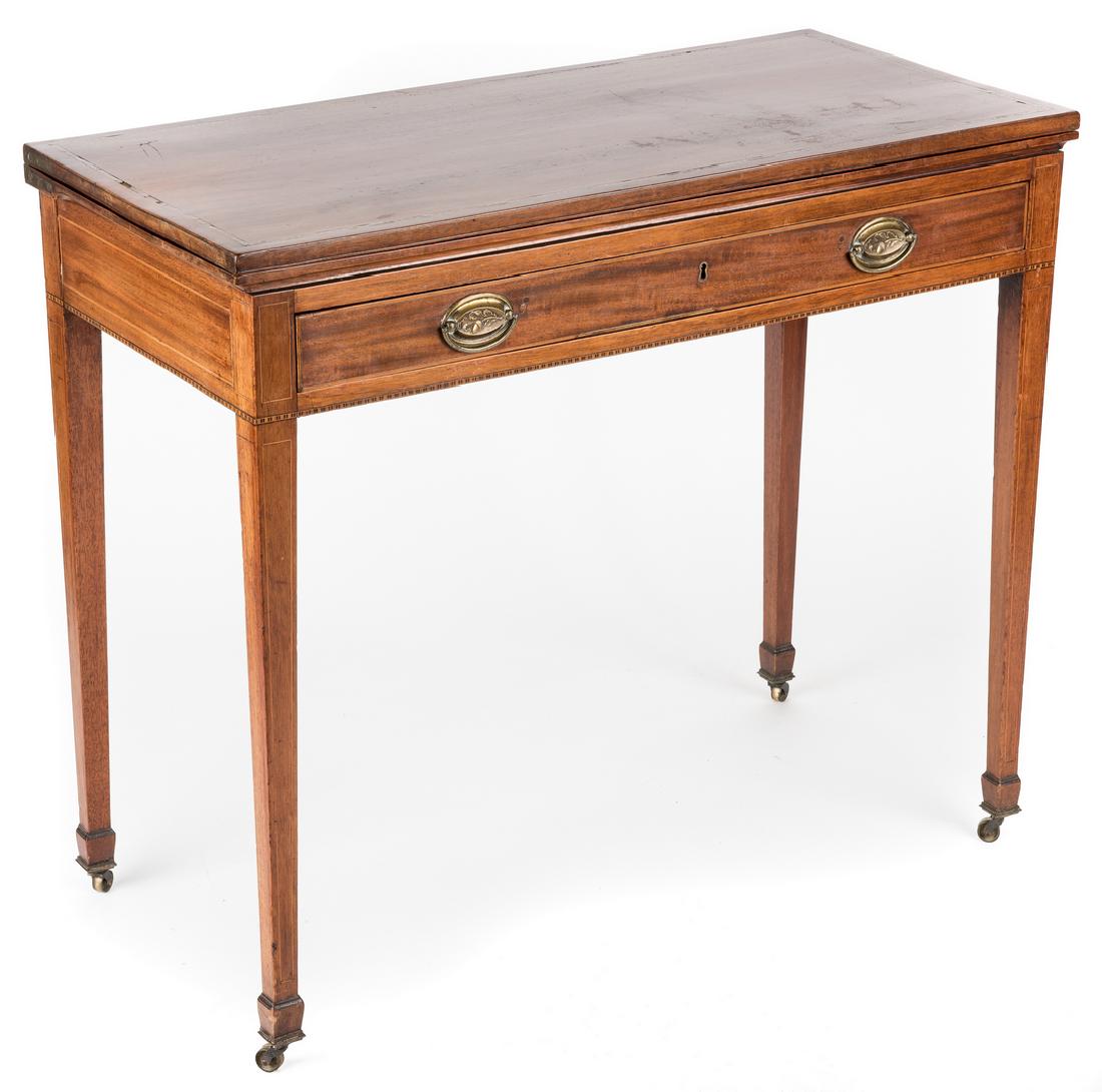 Federal Inlaid Card Table, NC or VA: Eastern North Carolina or Virginia Hepplewhite mahogany inlaid card table, yellow pine and poplar secondary woods, rectangular hinged foldover top with alternating dark and light wood inlaid edge; top