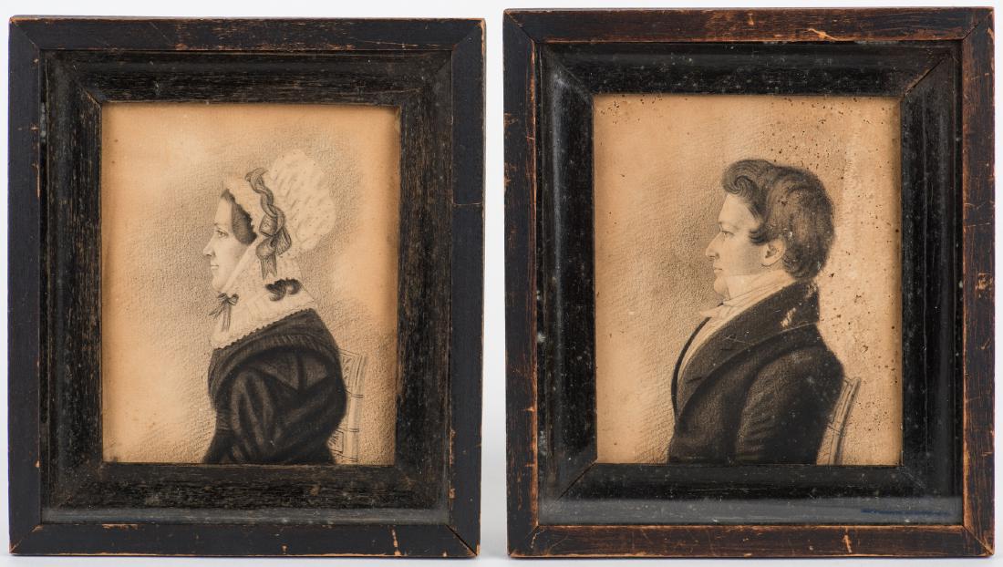 Two 19th Cent. VA Portraits, attrib. Burton: Companion pair of Virginia profile portraits, pencil and charcoal on paper, unsigned but attributed to Charles Burton (1782-after 1847), depicting Dr. James H. Wheatley (1798-1842) and his wife Mildre