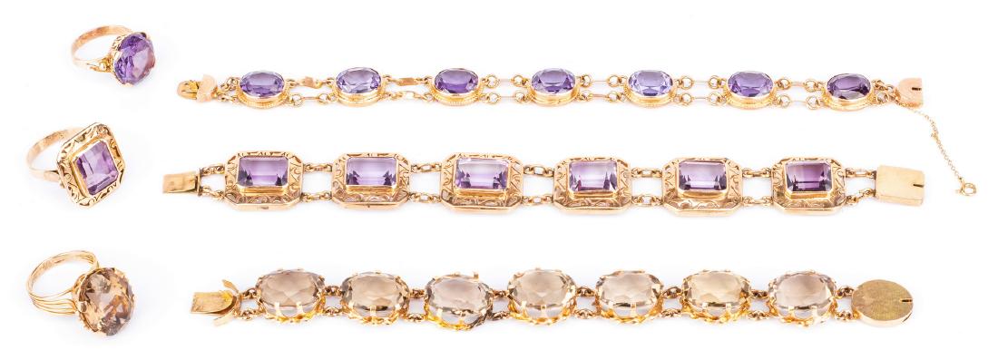 3 Sets 10K Stone Bracelets w/ Rings: Three sets of 10K jewelry: 3 bracelets and 3 companion rings (6 items total) including three 10K gold link bracelets, one with emerald cut amethysts (7-3/4" L), one with oval smoky topaz (7" L) and on
